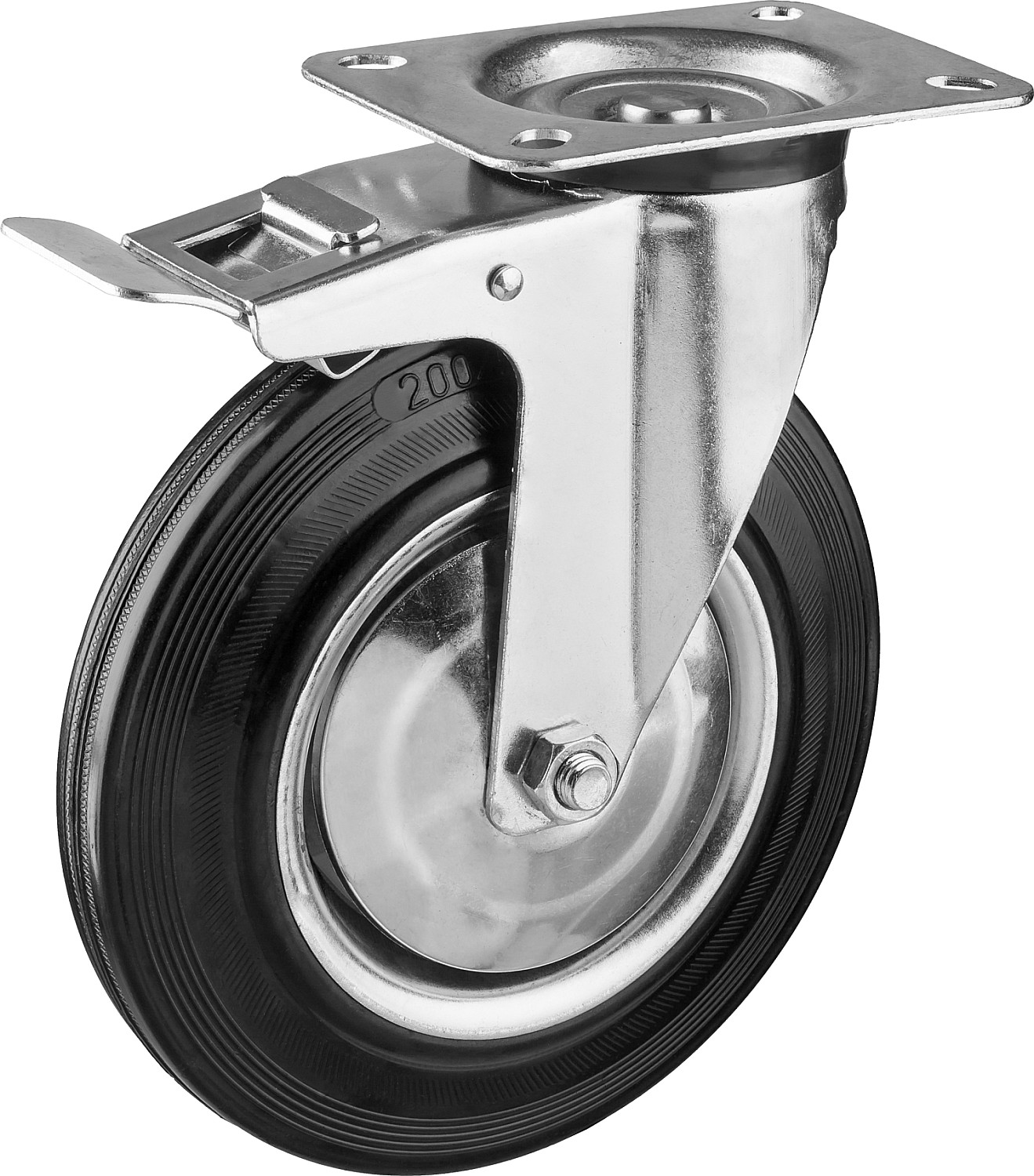 ЗУБР d=200 мм, г/п 185 кг, игольчатый подшипник, поворотное колесо c тормозом резина/металл, Профессионал (30936-200-B)