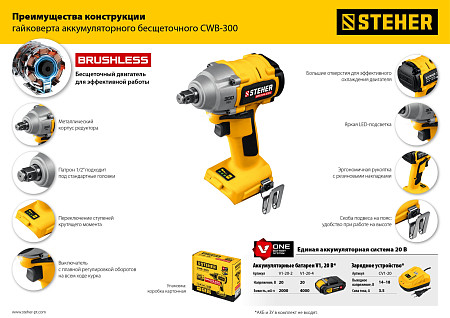 STEHER V1, 20 В, 300 Н·м, без АКБ, бесщеточный гайковерт (CWB-300)