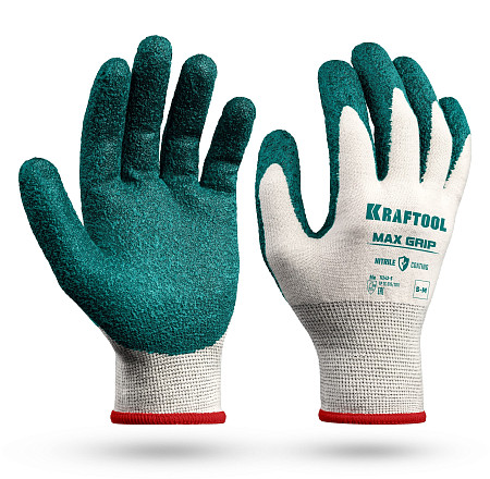 KRAFTOOL MaxGrip, S-M, х/б перчатки с текстурированным нитриловым обливом, 15 класс (11243-S)