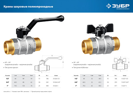 ЗУБР d 3/4″, ручка-рычаг, ″папа-папа″, Полнопроходной шаровой кран (51326-3/4)