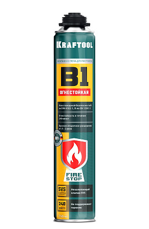 KRAFTOOL FIRE STOP B1, 750 мл, пистолетная, огнестойкая, не залипающий клапан, 240°С, SVS, выход до 51 л, монтажная пена (41186)