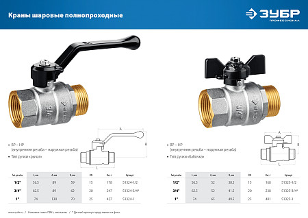 ЗУБР d 3/4″, ручка-рычаг, Шаровой кран (51324-3/4)