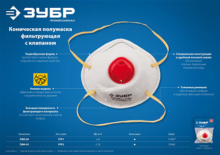 ЗУБР ПФК-95 класс защиты FFP2, коническая, с клапаном выдоха, фильтрующая полумаска (11162)