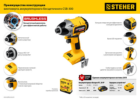 STEHER V1, 20 В, 300 Н·м, без АКБ, бесщеточный винтоверт (CSB-300)